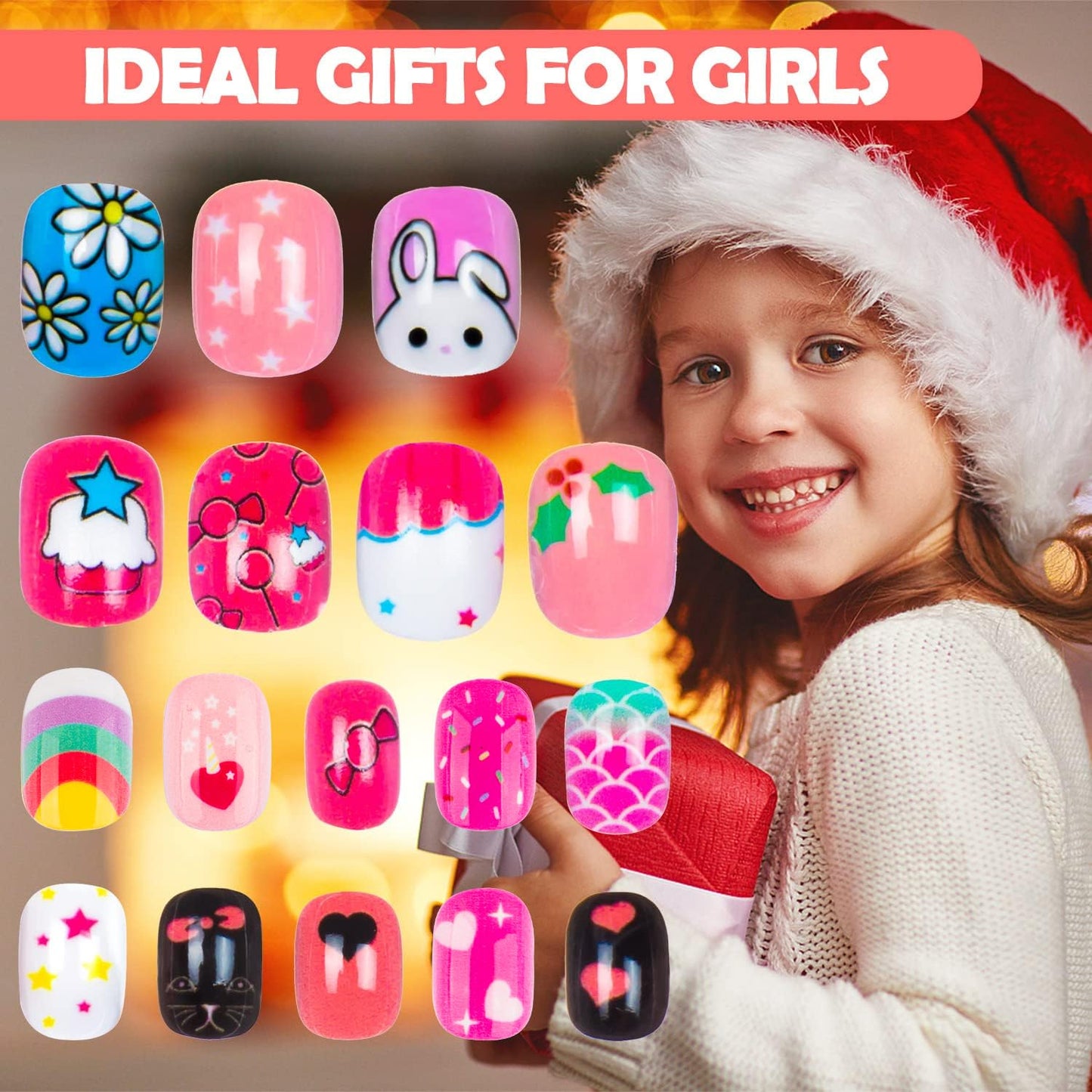 144PCS Press-On Nails for Kids - Cute Pattern Fake Nails for Girls, Nail Art Decoration