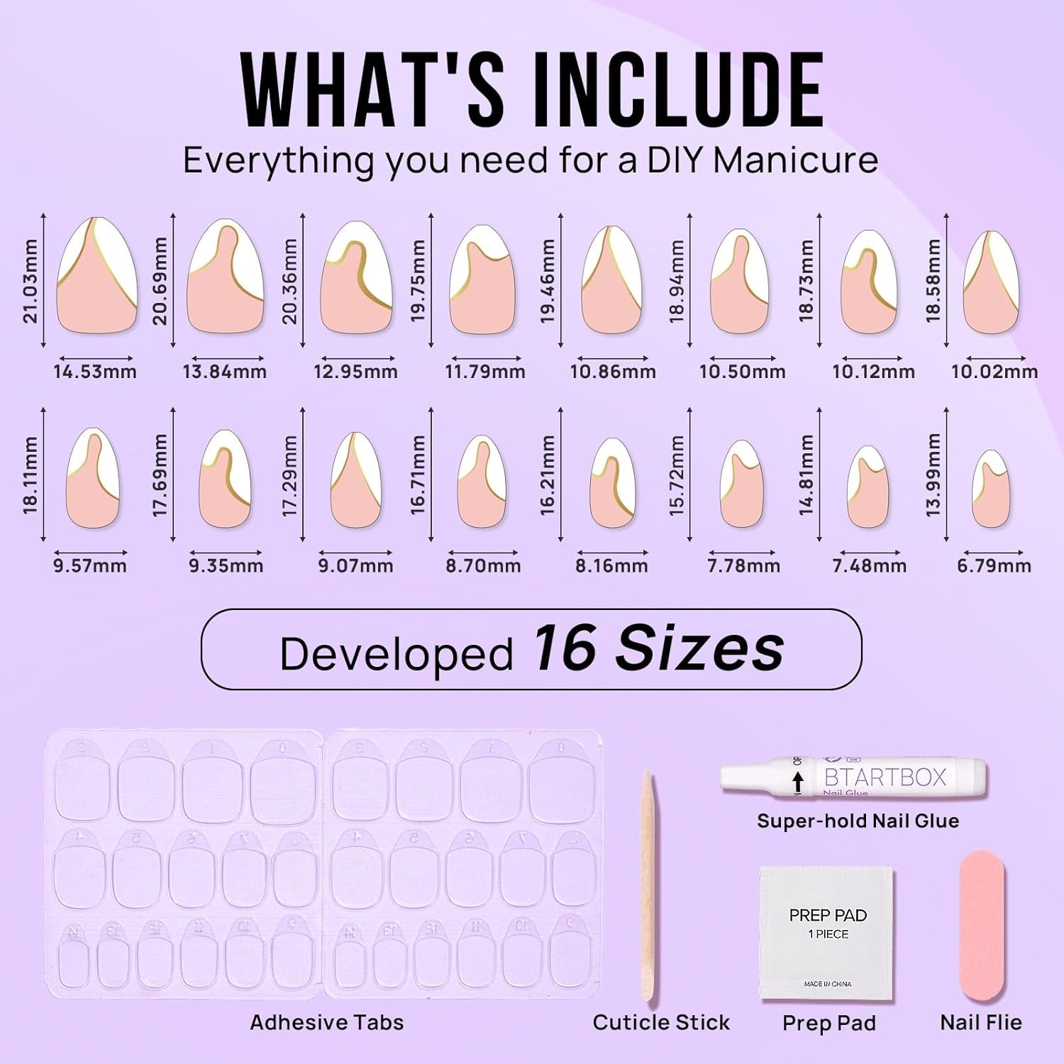 Almond Press-On Nails - White French Tip with Gold Foil, 30PCS Short Stick-On Kit in 16 Sizes for Winter Gifts, Tiny Golden