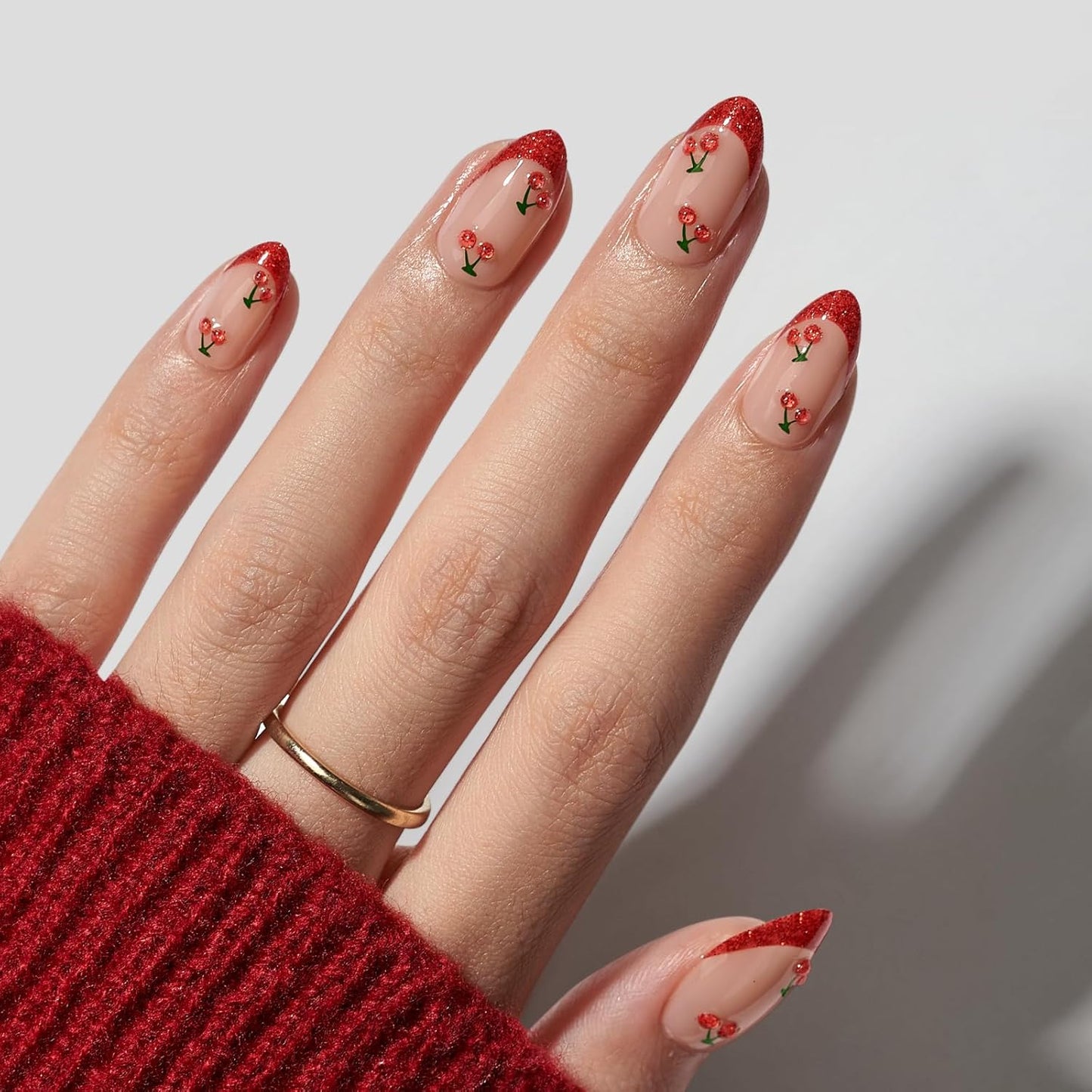 French Tip Almond Press-On Nails - Red with Cherry Design, Short Soft Gel Kit in 16 Sizes, Sweet Cherry
