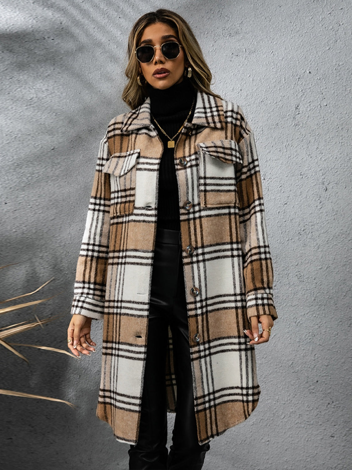 Collared Long Sleeve Coat - Plaid