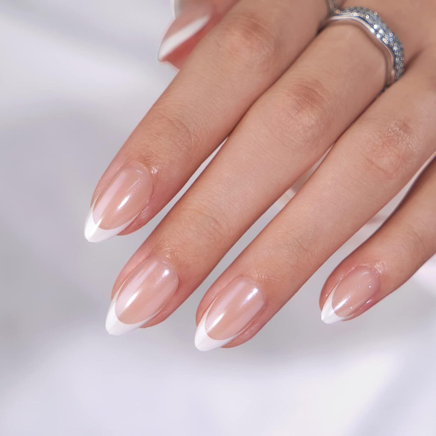 French Tip Press-On Nails - White Almond Medium, 30PCS Reusable Soft Gel Kit in 15 Sizes, Classic Gift for Women