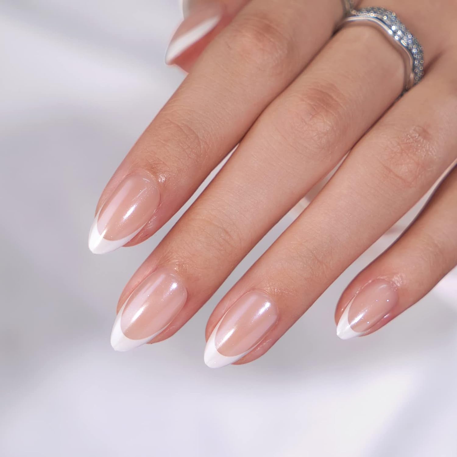 French Tip Press-On Nails - White Almond Medium, 30PCS Reusable Soft Gel Kit in 15 Sizes, Classic Gift for Women