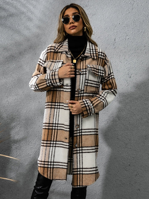 Collared Long Sleeve Coat - Plaid