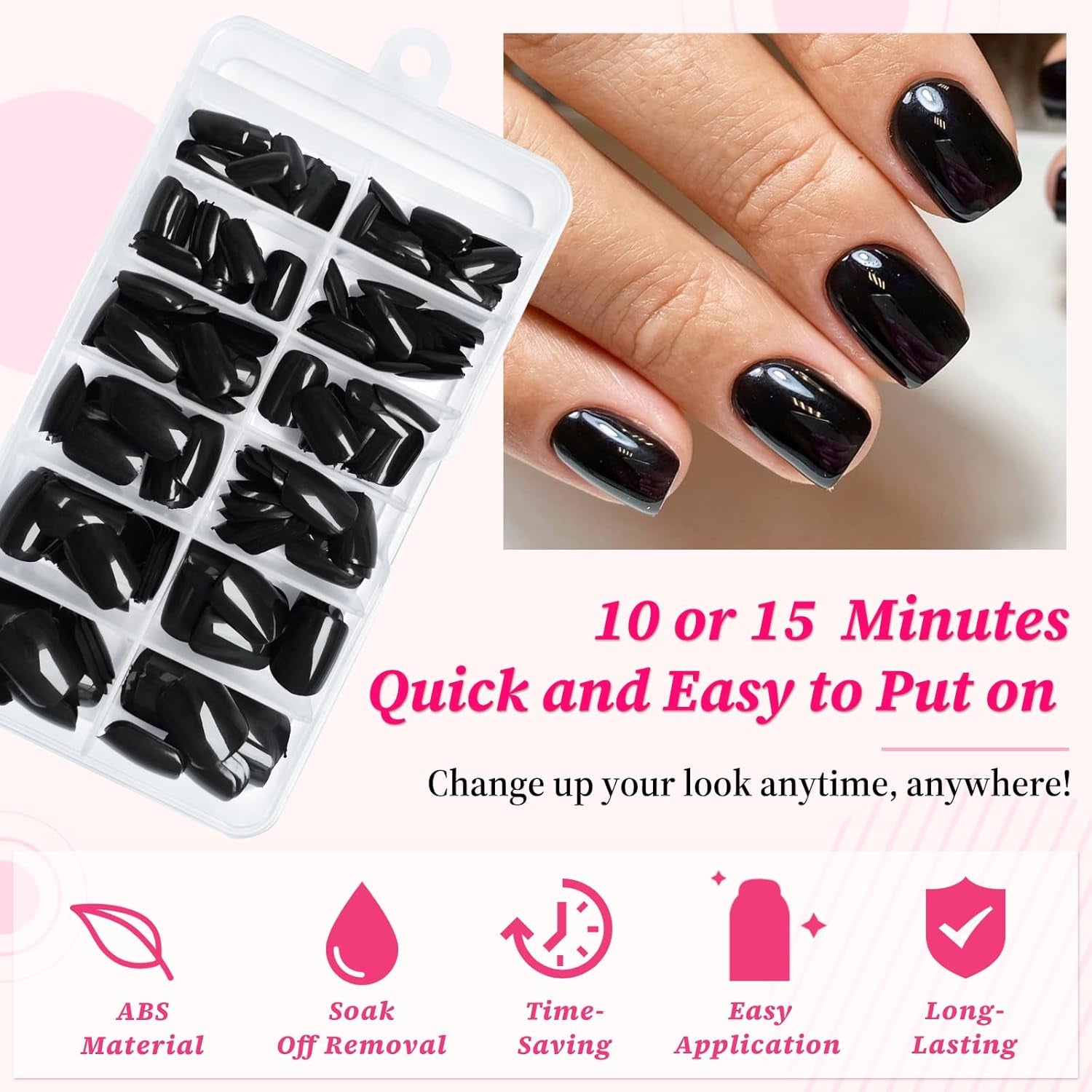 240PC Short Square Press-On Nails - Black Acrylic with Glue & Adhesive Tabs, Petite Fake Nails