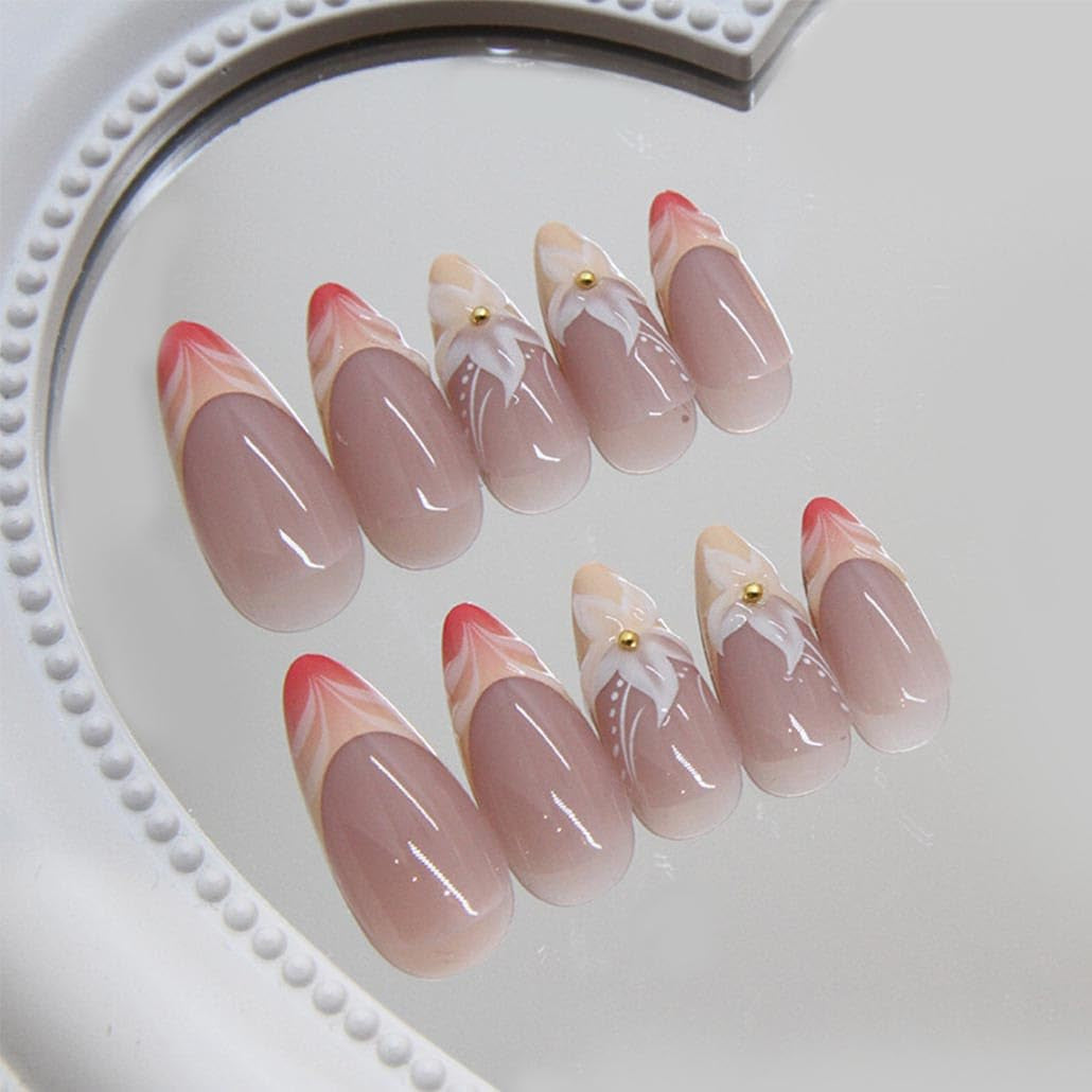 French Tip Almond Press-On Nails with 3D Flower Design - 24 Medium Acrylic Fake Nails