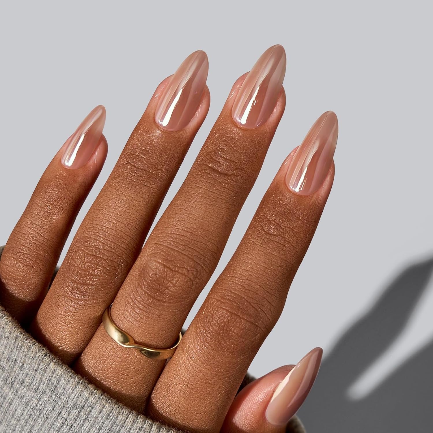 Almond Press-On Nails - Fall Medium Chrome Nails, Lightweight Glue-On Kit in 15 Sizes, Chocolate Glazed