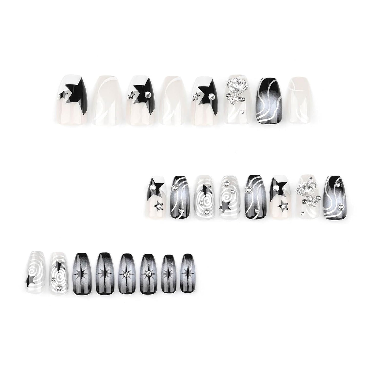 Medium Coffin Press-On Nails - Black Gradient Acrylic with Y2K Planet Flash Diamond Design, Stick-On Fake Nails for Women
