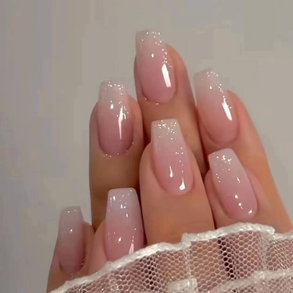 Long Square Press-On Nails - Pink Ombre Coffin Fake Nails with Glossy Glitter Powder, 24PCS for Women and Girls