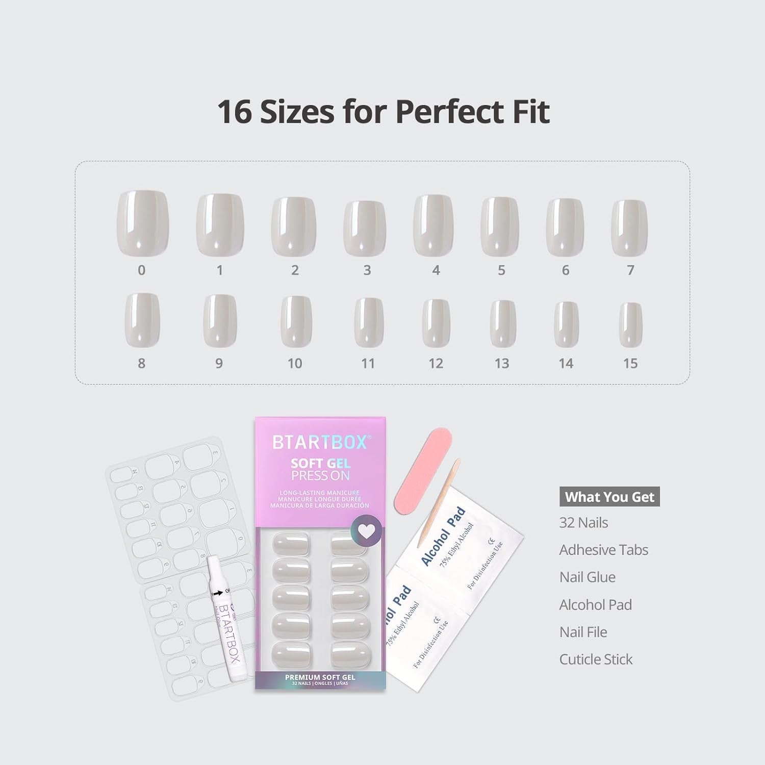 Short White Soft Gel Press-On Nails - Square Chrome Nail Tips, 30PCS Reusable Kit in 15 Sizes, Vanilla Glazed