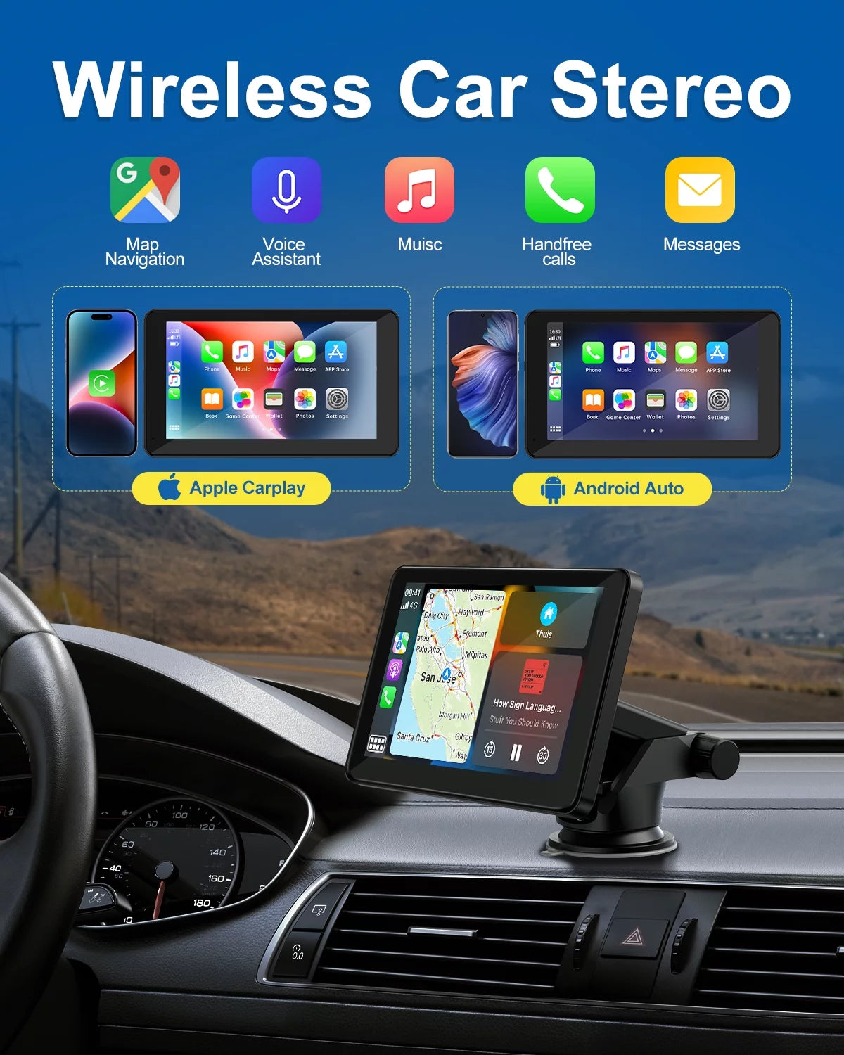 Portable 7 Inch Wireless Apple Carplay & Android Auto with Reverse Camera, 1080P HD Touchscreen GPS Navigation Car Stereo, Car Radio Receiver with Bluetooth, Mirror Link, FM, Siri