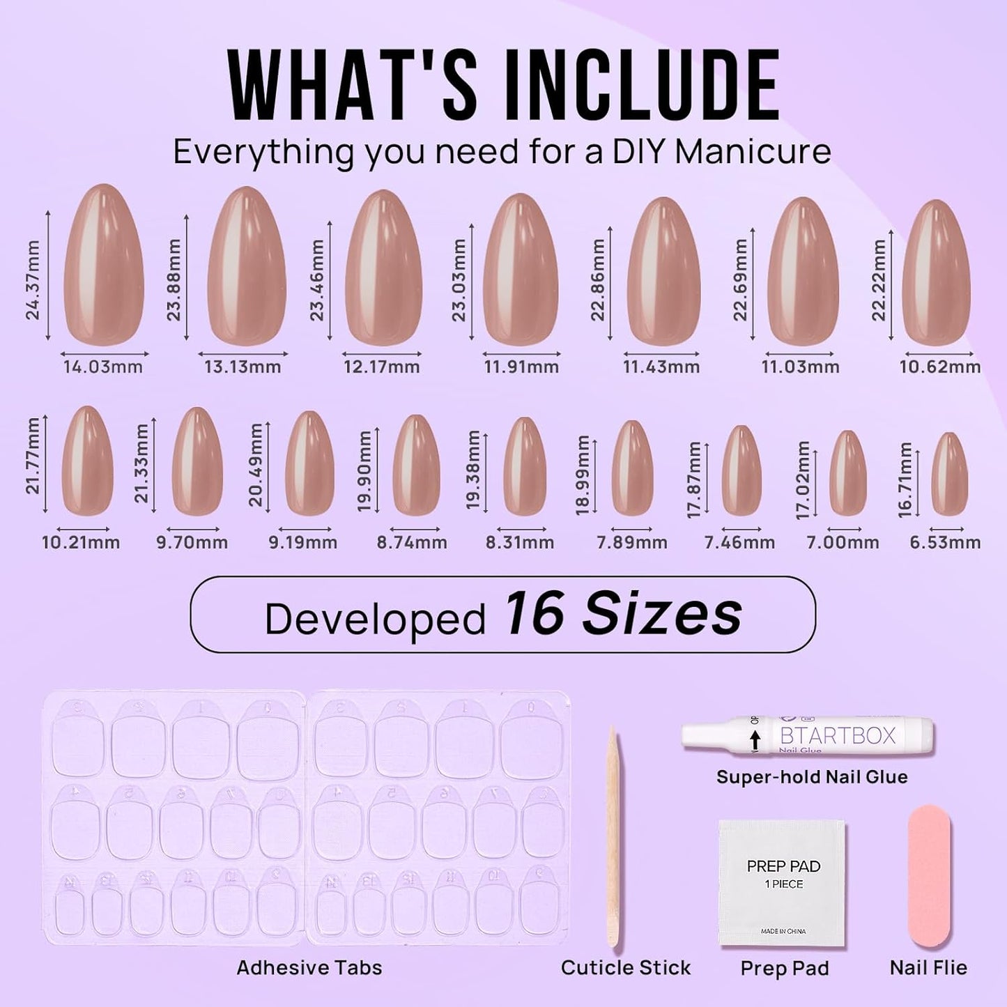 Almond Press-On Nails - Fall Medium Chrome Nails, Lightweight Glue-On Kit in 15 Sizes, Chocolate Glazed
