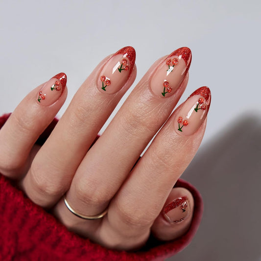 French Tip Almond Press-On Nails - Red with Cherry Design, Short Soft Gel Kit in 16 Sizes, Sweet Cherry