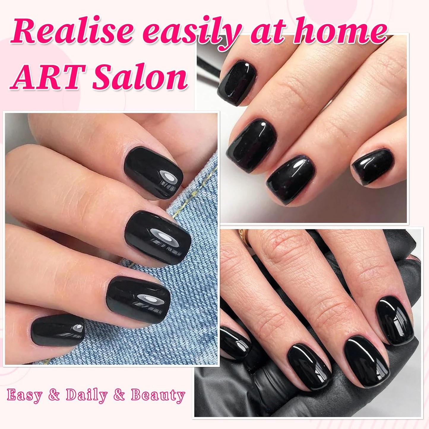 240PC Short Square Press-On Nails - Black Acrylic with Glue & Adhesive Tabs, Petite Fake Nails
