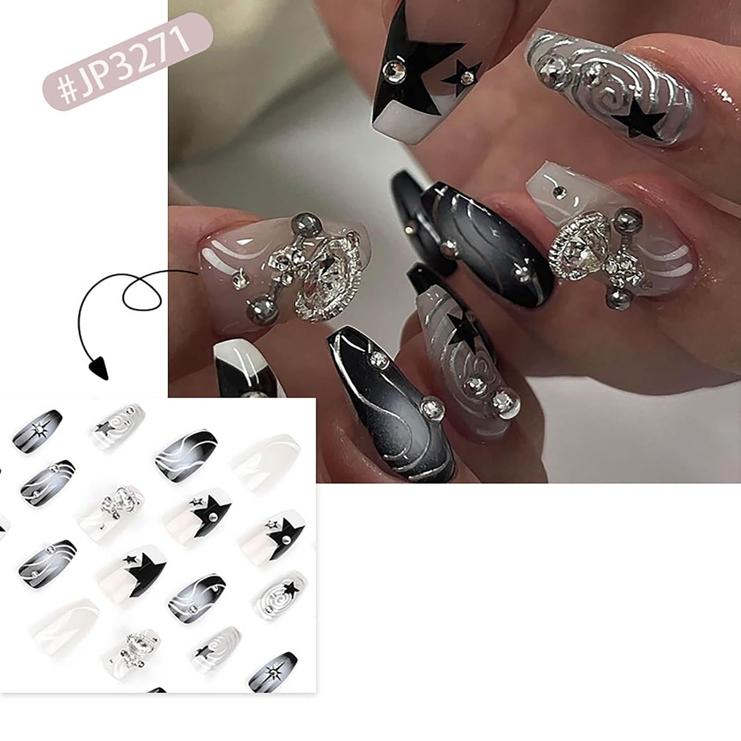 Medium Coffin Press-On Nails - Black Gradient Acrylic with Y2K Planet Flash Diamond Design, Stick-On Fake Nails for Women