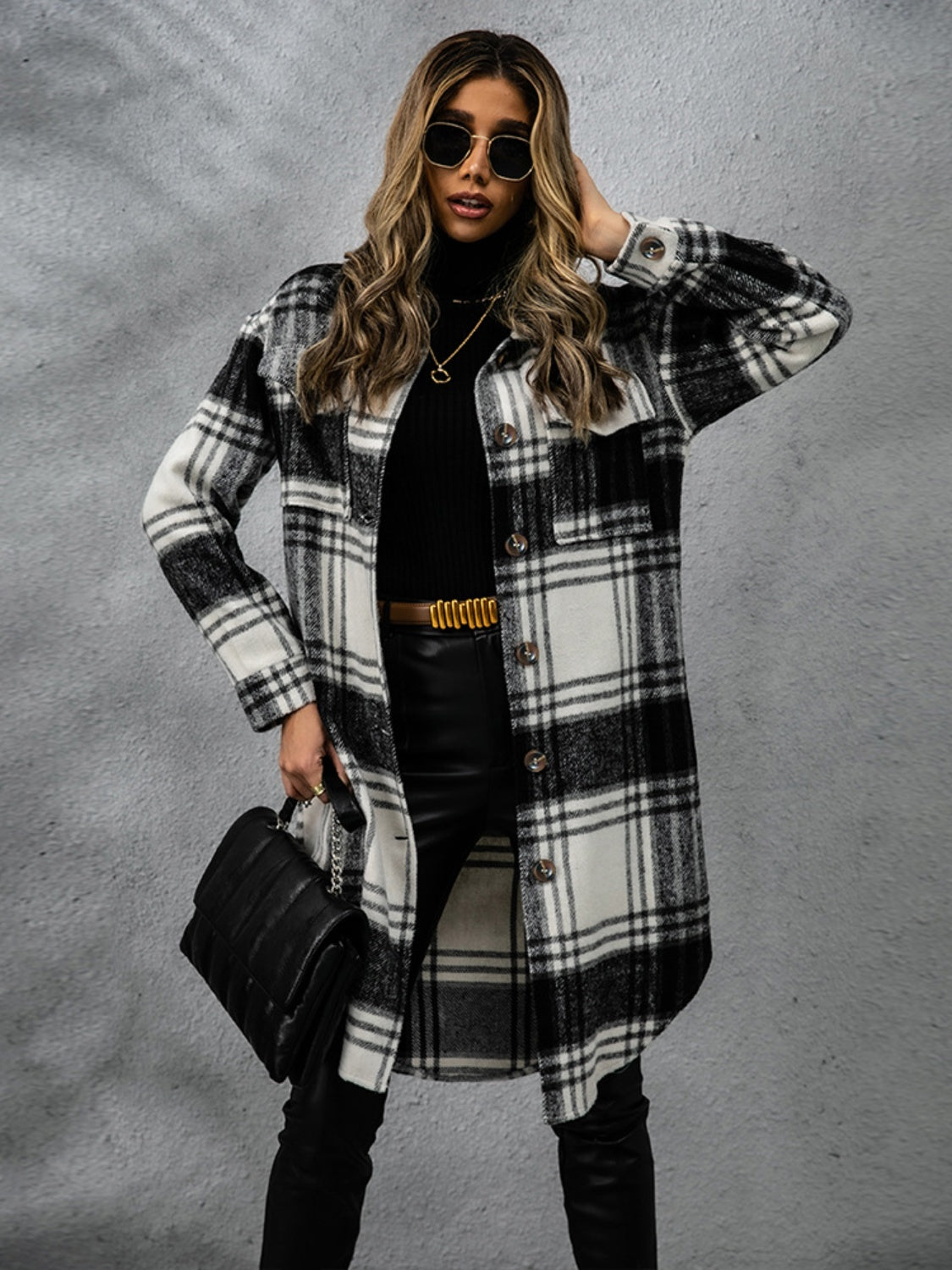 Collared Long Sleeve Coat - Plaid