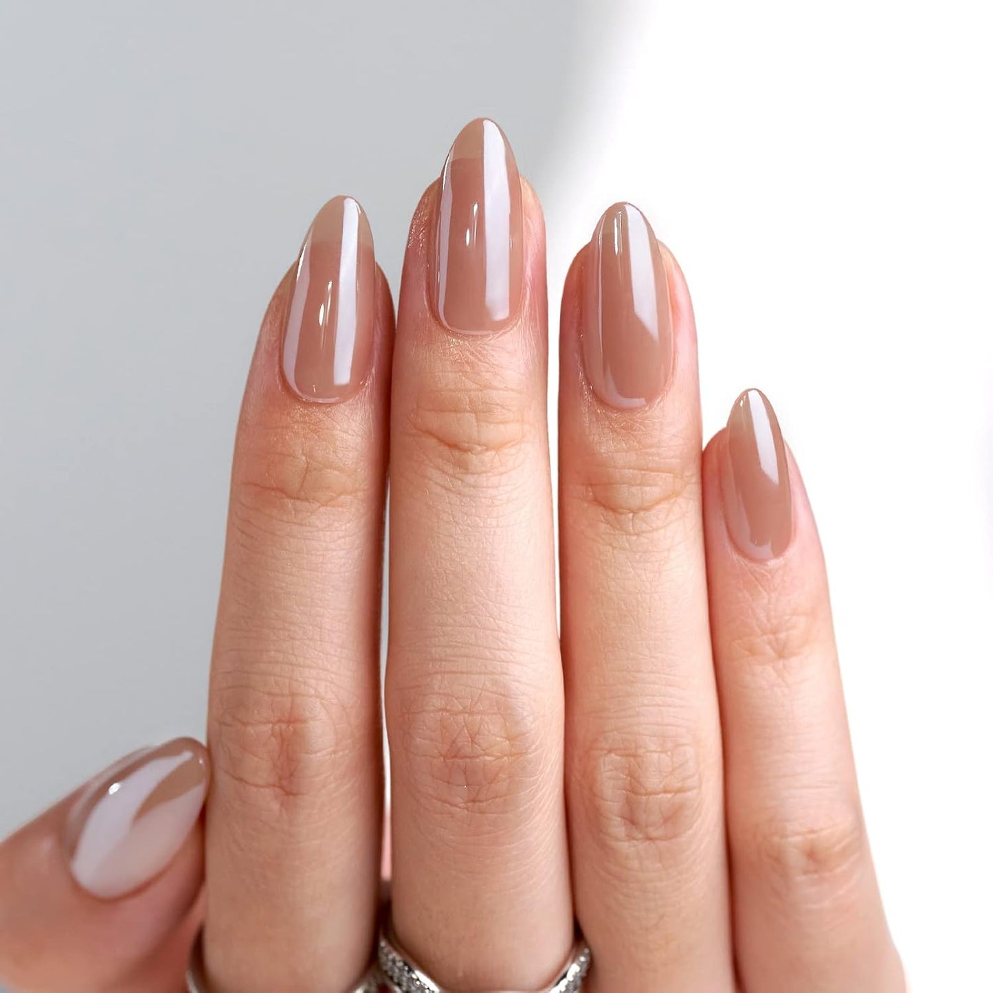 Almond Press-On Nails - Fall Medium Chrome Nails, Lightweight Glue-On Kit in 15 Sizes, Chocolate Glazed