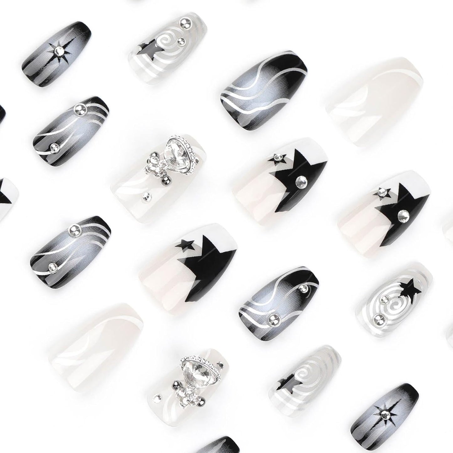 Medium Coffin Press-On Nails - Black Gradient Acrylic with Y2K Planet Flash Diamond Design, Stick-On Fake Nails for Women