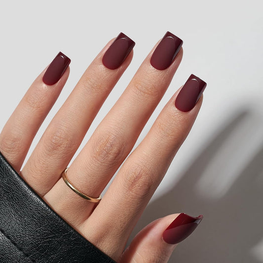 Short Square Press-On Nails - Dark Red with Glossy French Tips, Matte Finish, 16 Sizes, Cozy Cocoa