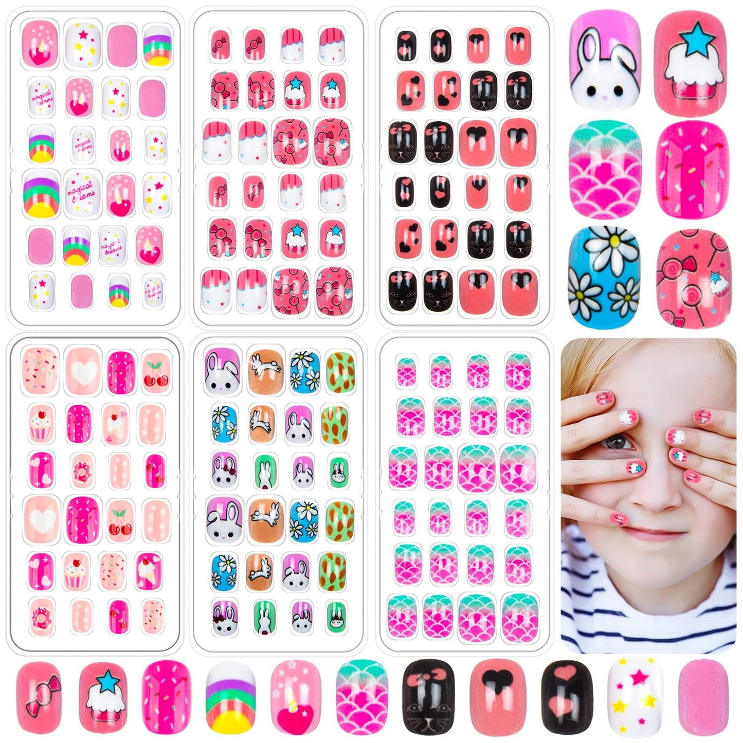 144PCS Press-On Nails for Kids - Cute Pattern Fake Nails for Girls, Nail Art Decoration
