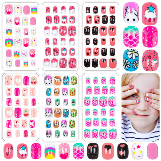 144PCS Press-On Nails for Kids - Cute Pattern Fake Nails for Girls, Nail Art Decoration