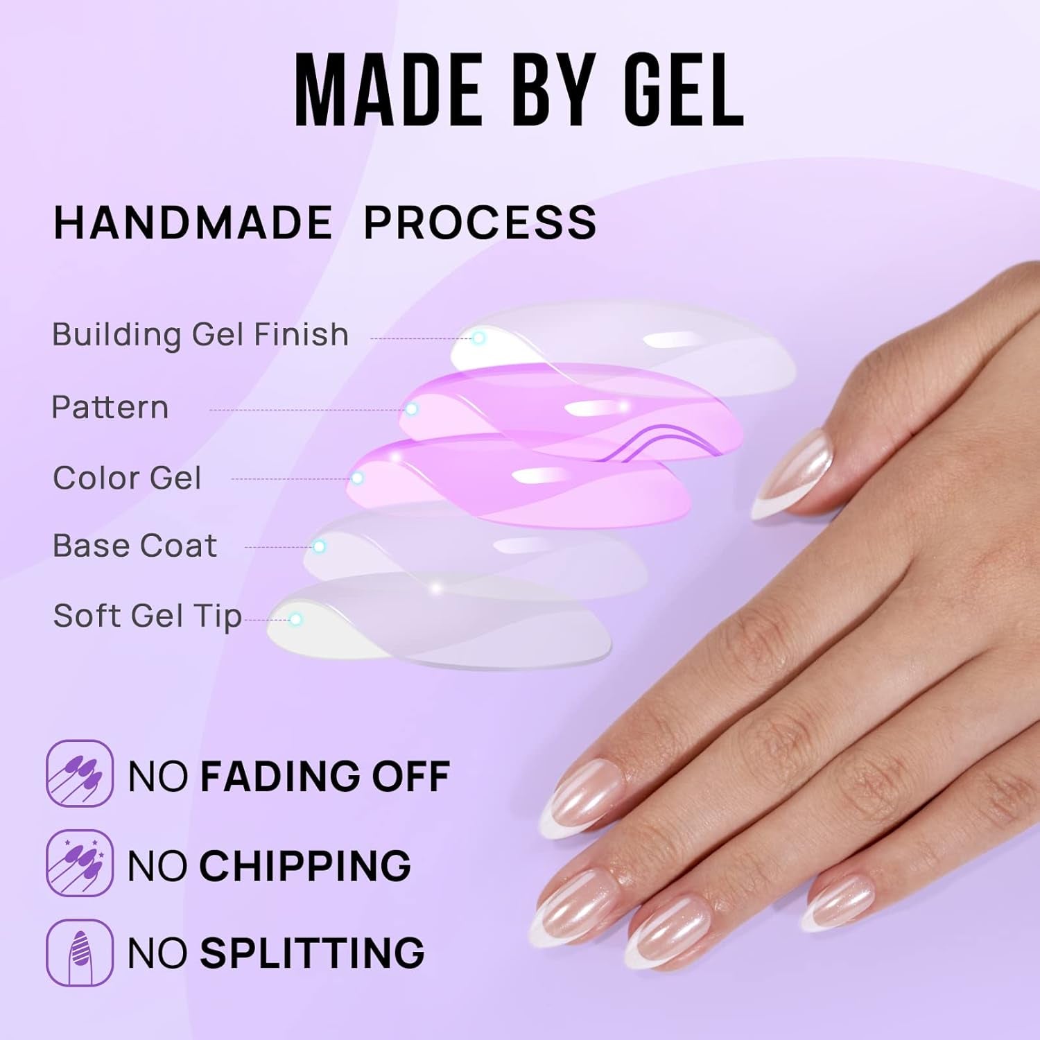 French Tip Press-On Nails - White Almond Medium, 30PCS Reusable Soft Gel Kit in 15 Sizes, Classic Gift for Women