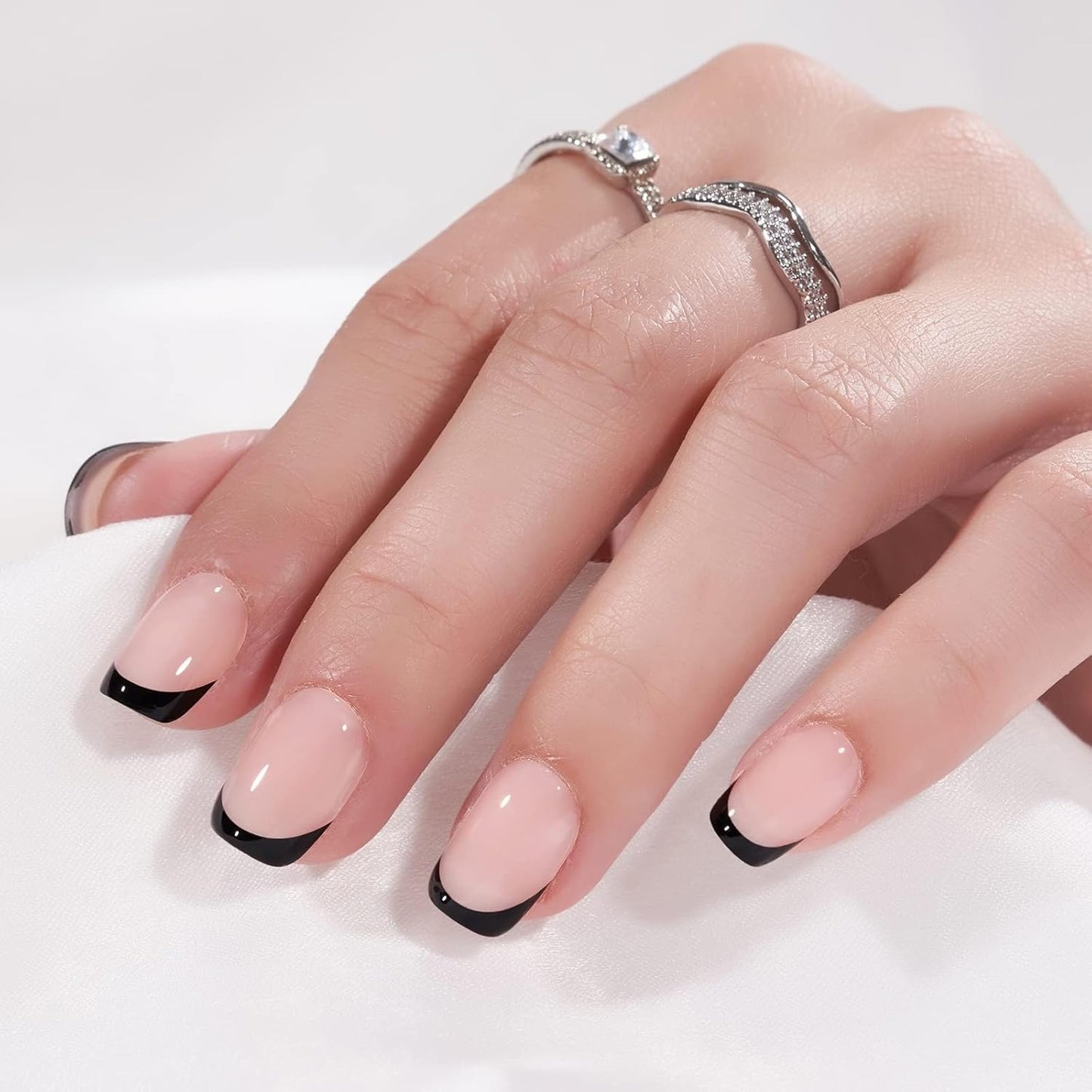 French Tip Press-On Jelly Square Nails - 32PCS Reusable Soft Gel Kit in 16 Sizes with Nail Glue, Classic Black