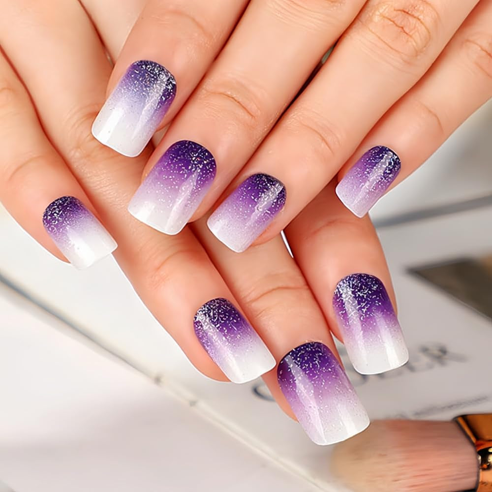 Square Press-On Nails with Purple Gradient Glitter - 24 Glossy Acrylic Nails for Women and Girls