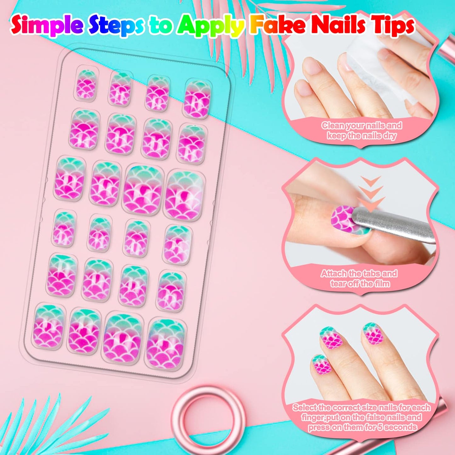144PCS Press-On Nails for Kids - Cute Pattern Fake Nails for Girls, Nail Art Decoration