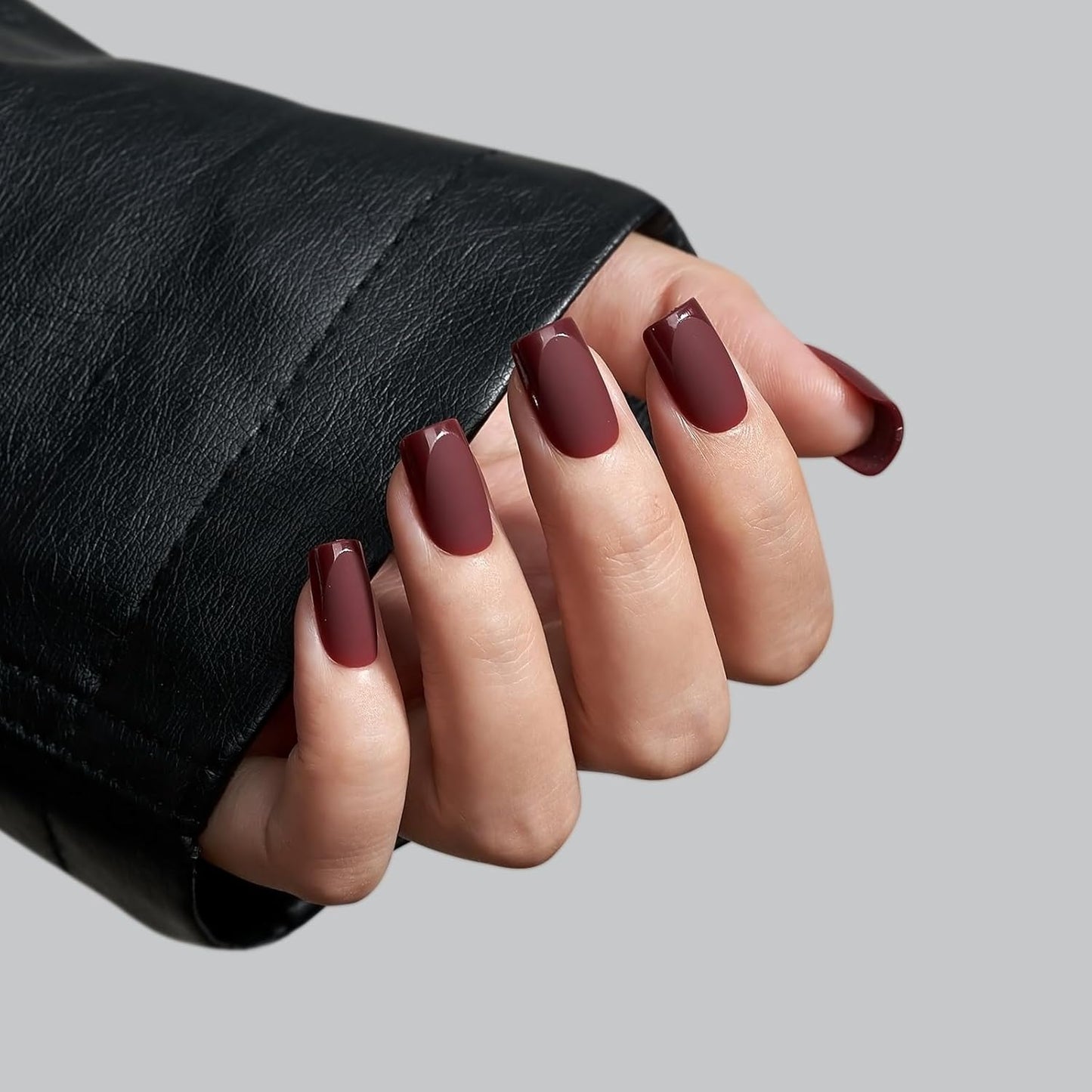 Short Square Press-On Nails - Dark Red with Glossy French Tips, Matte Finish, 16 Sizes, Cozy Cocoa