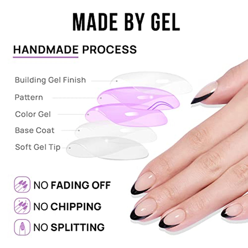Short Black French Press-On Nails - Almond Kit with Glue and Adhesive Tabs, 32PCS in 16 Sizes