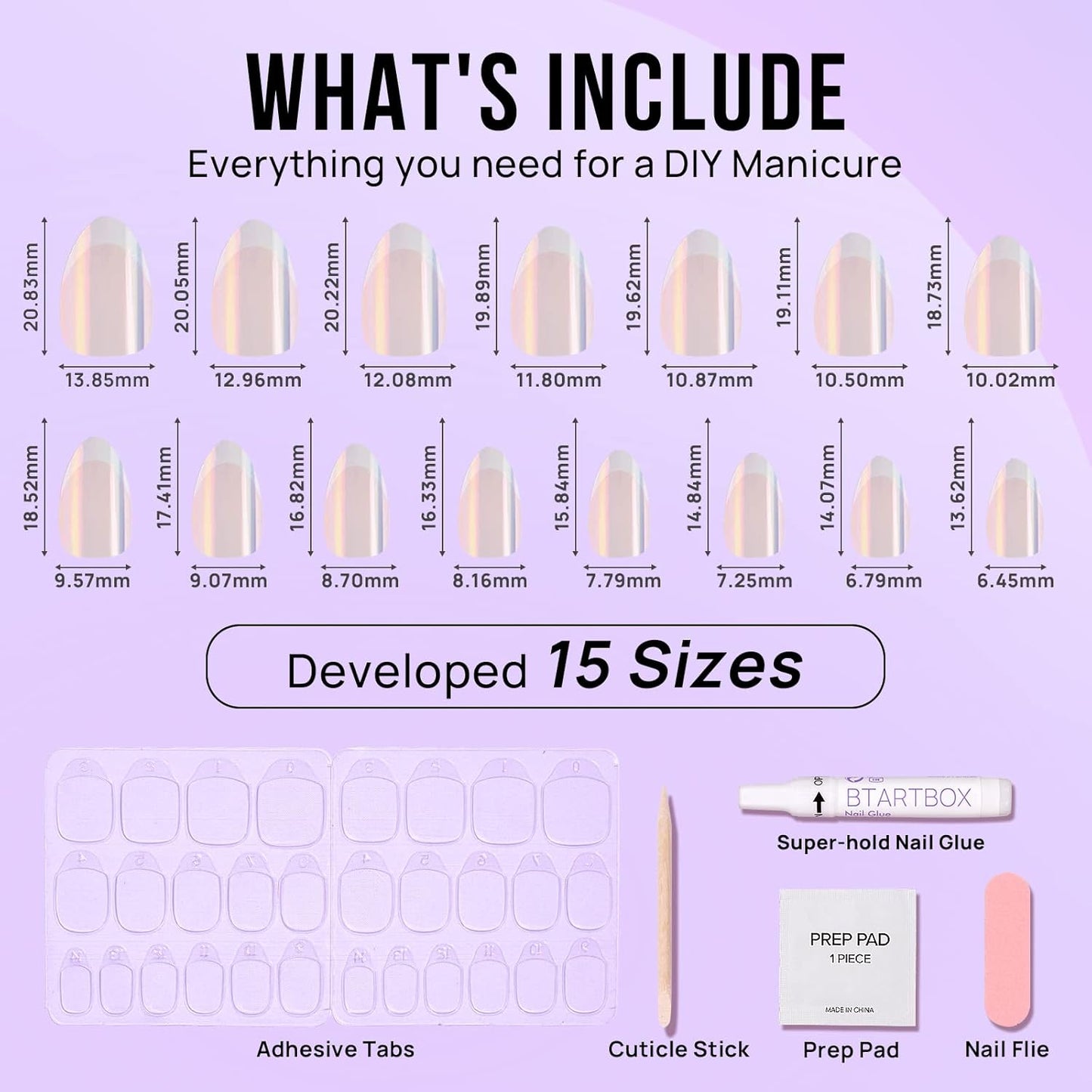 French Tip Press-On Nails - White Almond Medium, 30PCS Reusable Soft Gel Kit in 15 Sizes, Classic Gift for Women