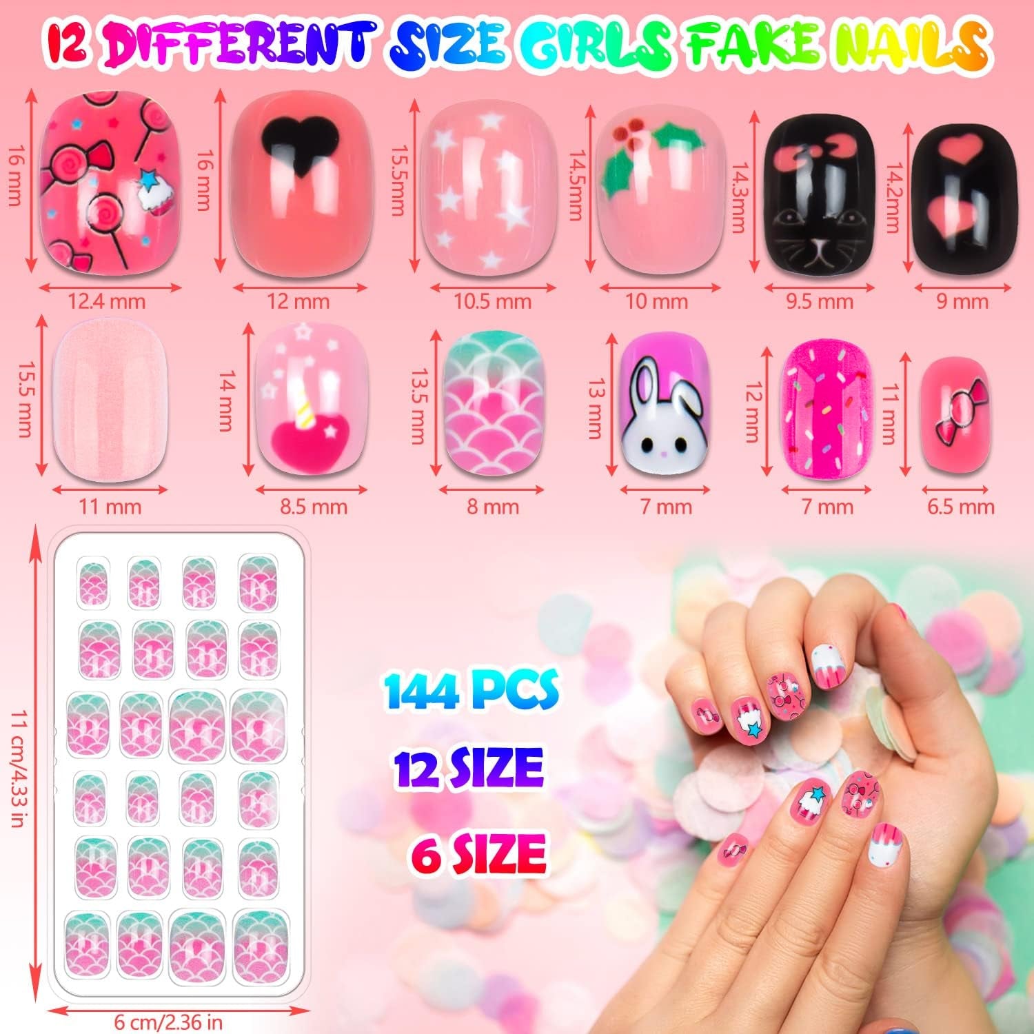 144PCS Press-On Nails for Kids - Cute Pattern Fake Nails for Girls, Nail Art Decoration