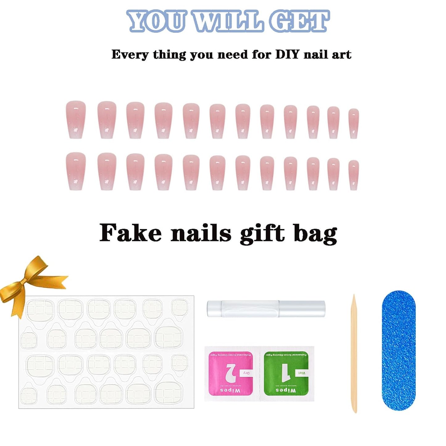 Long Square Press-On Nails - Pink Ombre Coffin Fake Nails with Glossy Glitter Powder, 24PCS for Women and Girls