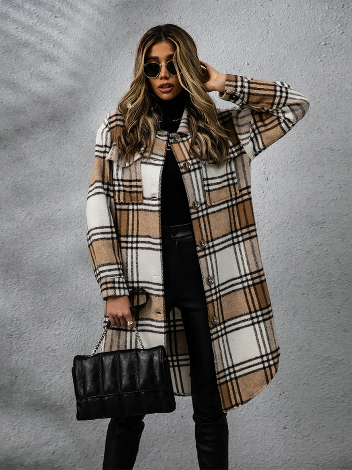 Collared Long Sleeve Coat - Plaid