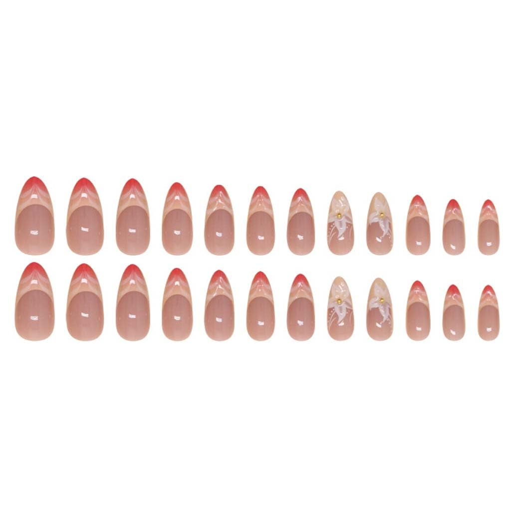 French Tip Almond Press-On Nails with 3D Flower Design - 24 Medium Acrylic Fake Nails