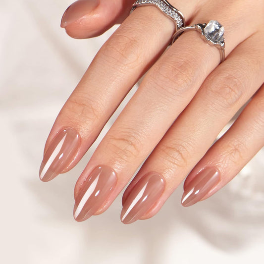 Almond Press-On Nails - Fall Medium Chrome Nails, Lightweight Glue-On Kit in 15 Sizes, Chocolate Glazed