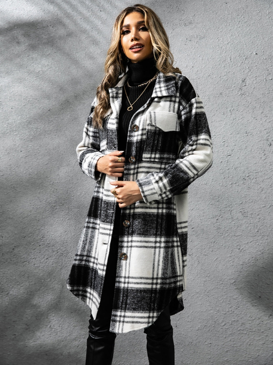 Collared Long Sleeve Coat - Plaid