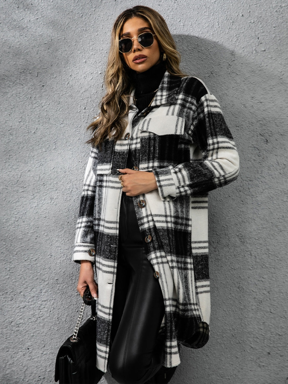 Collared Long Sleeve Coat - Plaid