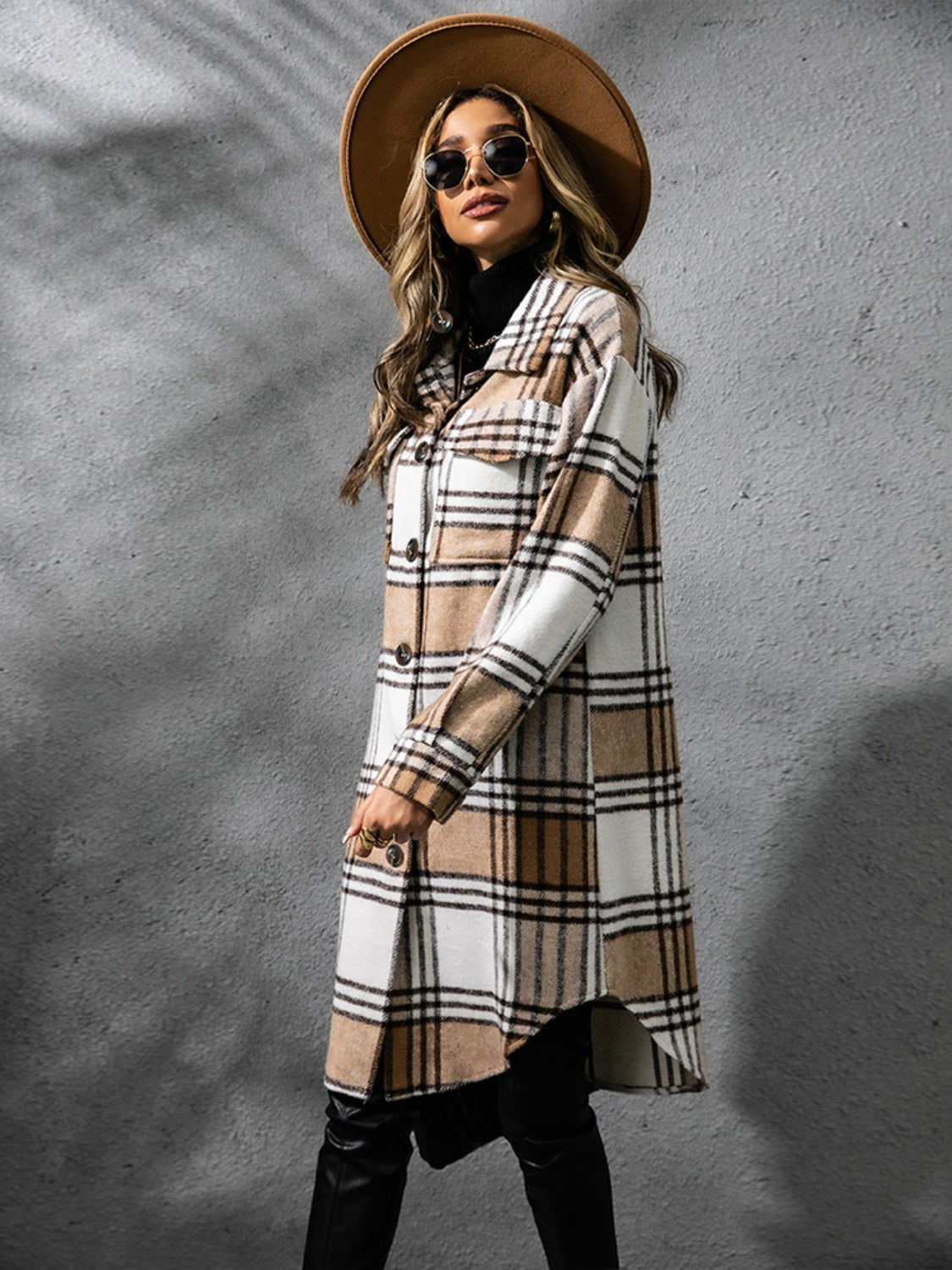 Collared Long Sleeve Coat - Plaid