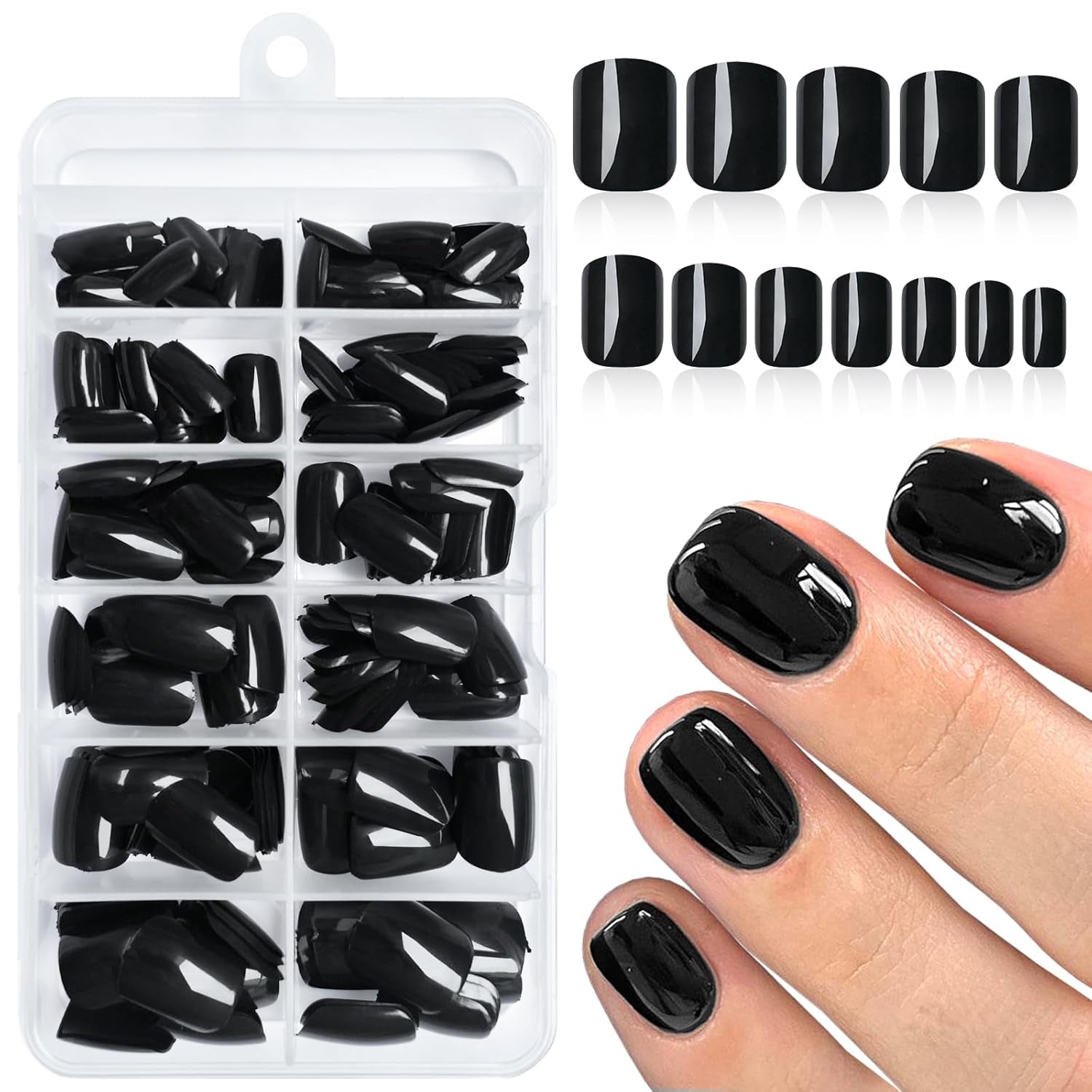 240PC Short Square Press-On Nails - Black Acrylic with Glue & Adhesive Tabs, Petite Fake Nails