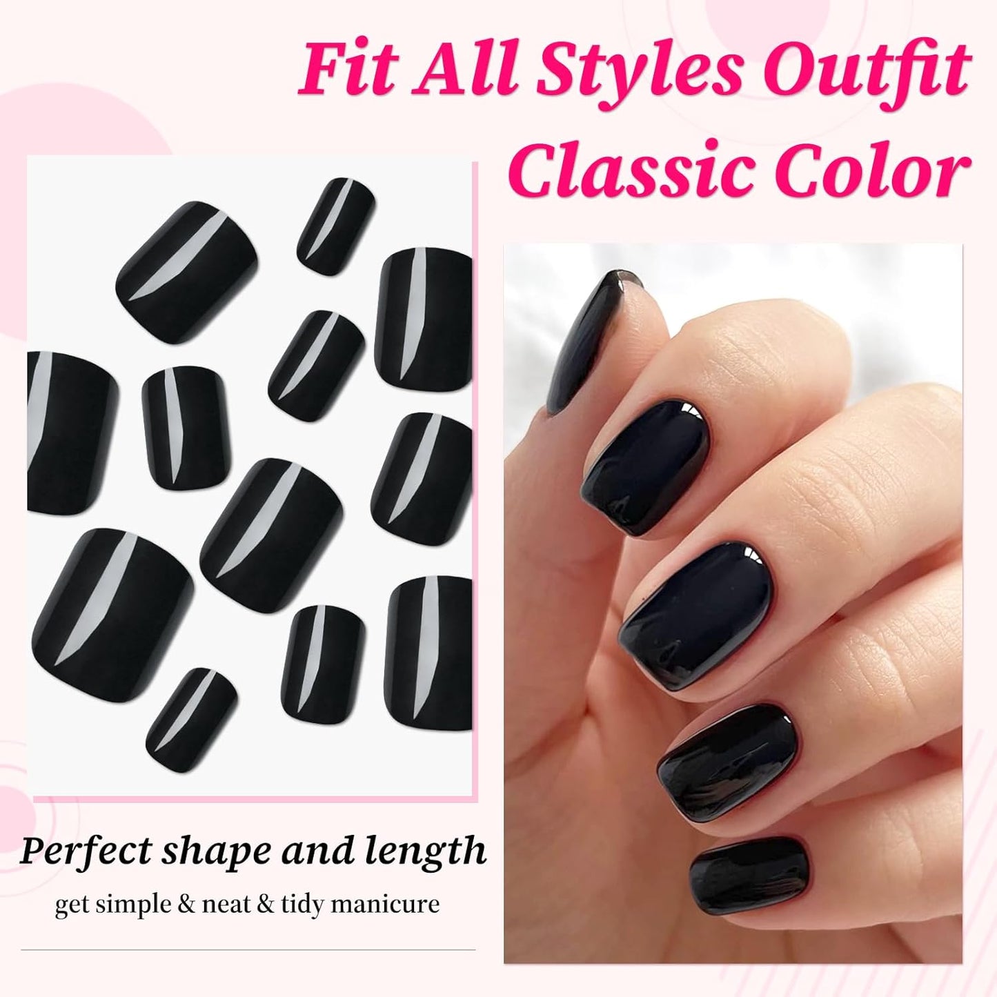 240PC Short Square Press-On Nails - Black Acrylic with Glue & Adhesive Tabs, Petite Fake Nails