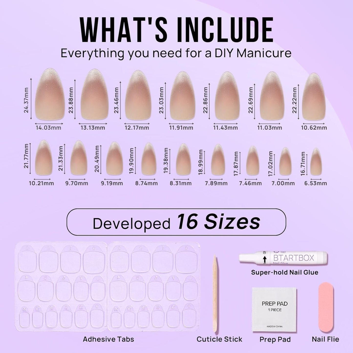 Almond Press-On Nails: Medium Cat Eye French Tip Nail Kit - 32 Nails in 16 Sizes with Glue