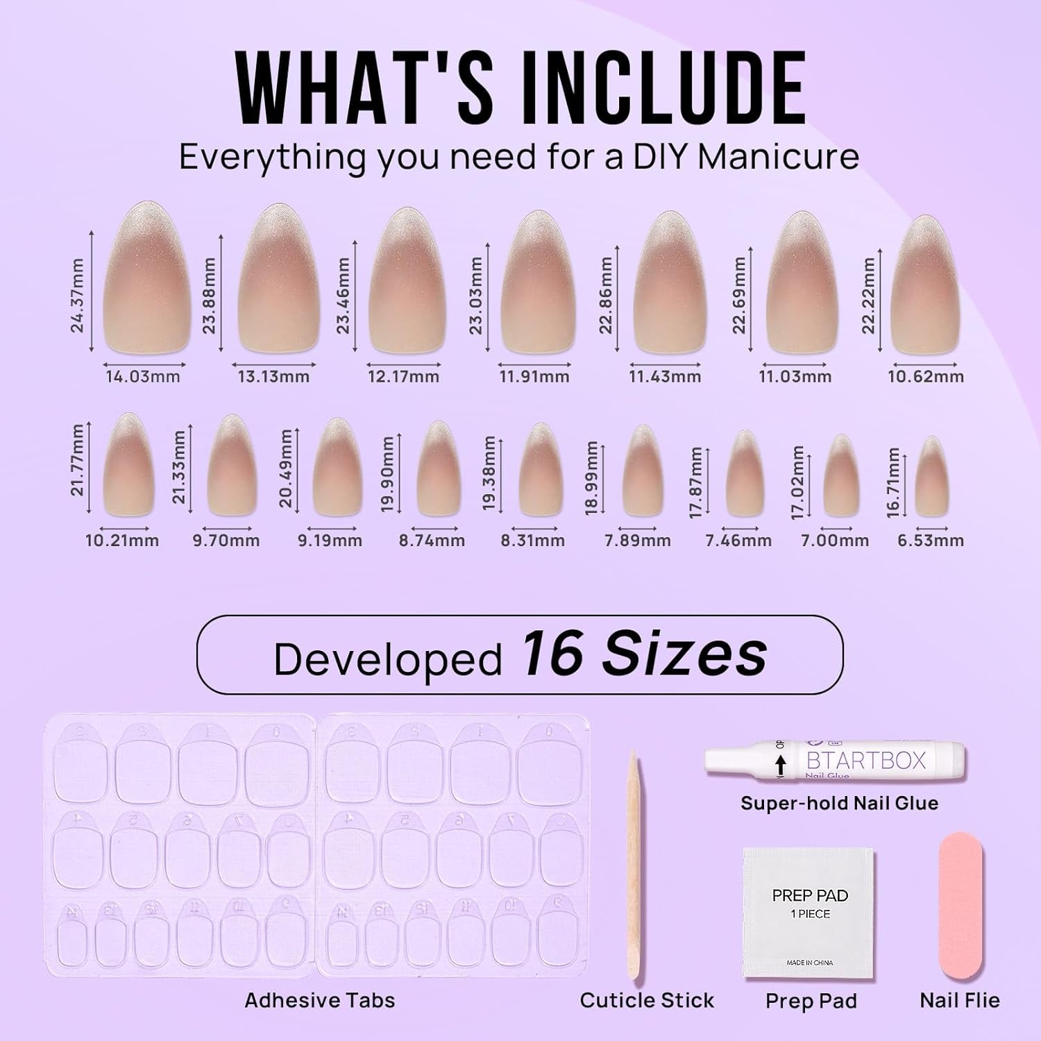 Almond Press-On Nails: Medium Cat Eye French Tip Nail Kit - 32 Nails in 16 Sizes with Glue