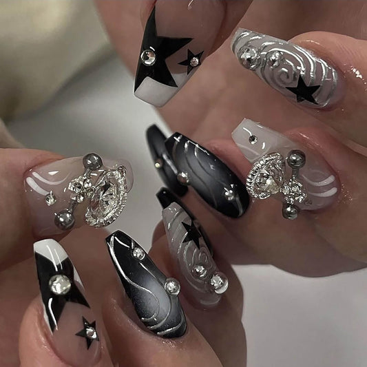 Medium Coffin Press-On Nails - Black Gradient Acrylic with Y2K Planet Flash Diamond Design, Stick-On Fake Nails for Women