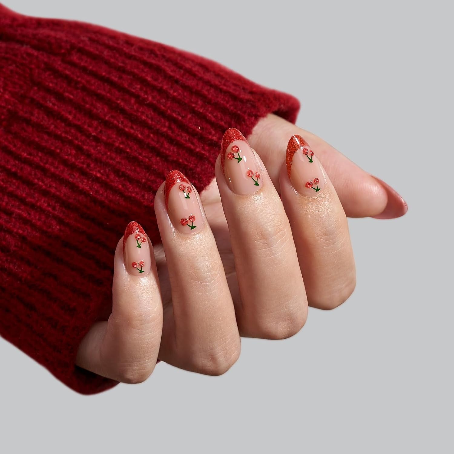 French Tip Almond Press-On Nails - Red with Cherry Design, Short Soft Gel Kit in 16 Sizes, Sweet Cherry