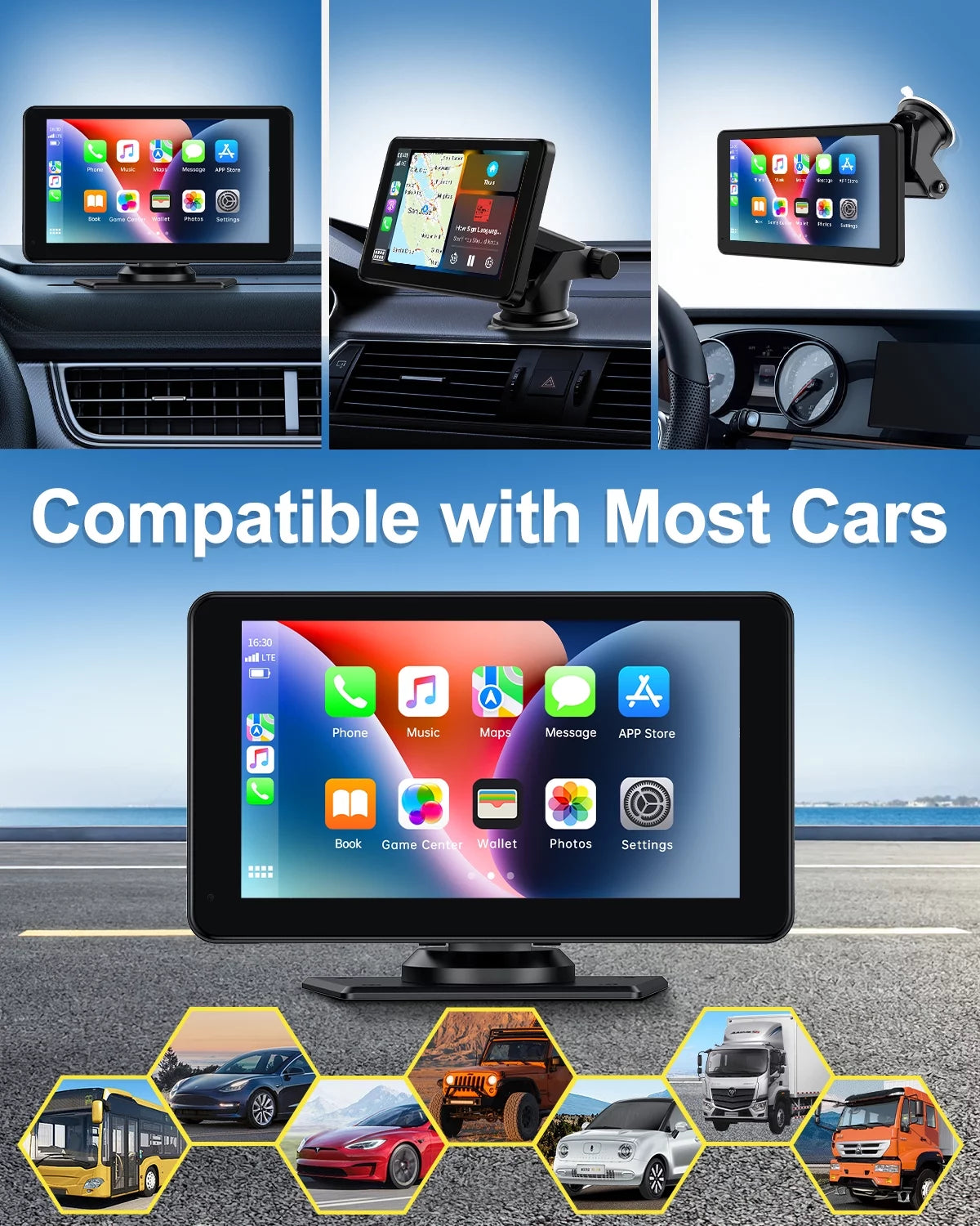 Portable 7 Inch Wireless Apple Carplay & Android Auto with Reverse Camera, 1080P HD Touchscreen GPS Navigation Car Stereo, Car Radio Receiver with Bluetooth, Mirror Link, FM, Siri