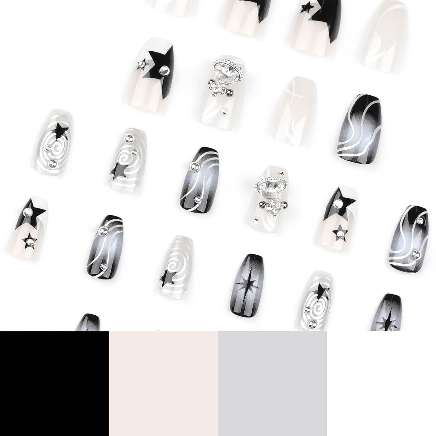 Medium Coffin Press-On Nails - Black Gradient Acrylic with Y2K Planet Flash Diamond Design, Stick-On Fake Nails for Women