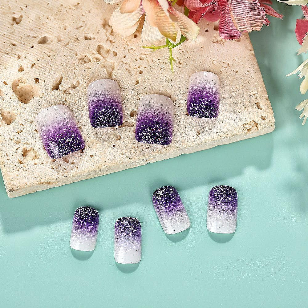 Square Press-On Nails with Purple Gradient Glitter - 24 Glossy Acrylic Nails for Women and Girls