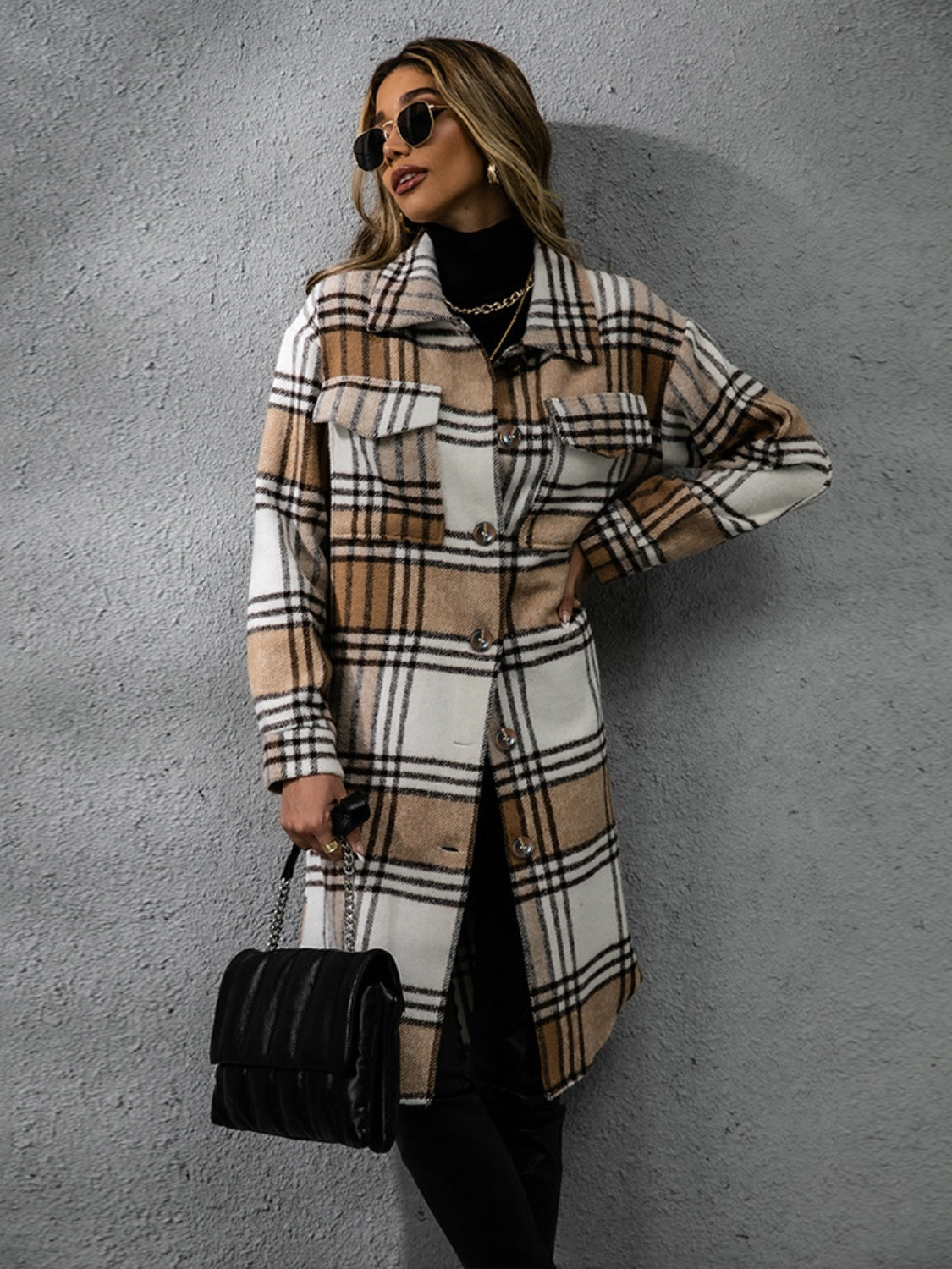 Collared Long Sleeve Coat - Plaid