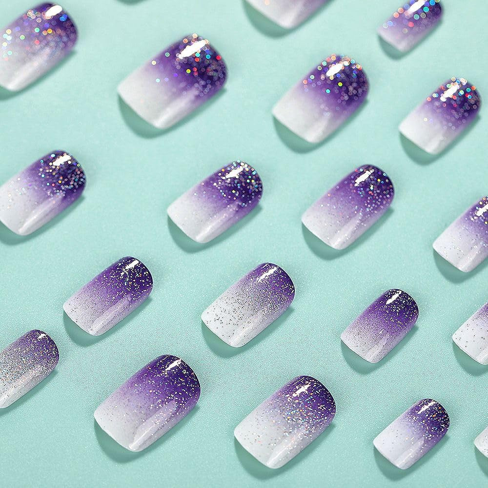 Square Press-On Nails with Purple Gradient Glitter - 24 Glossy Acrylic Nails for Women and Girls